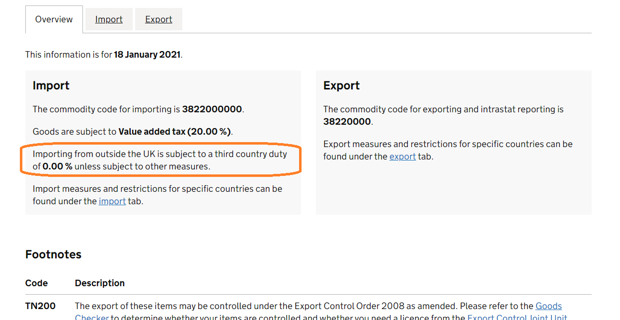 Image of gov uk website tariff duty rate