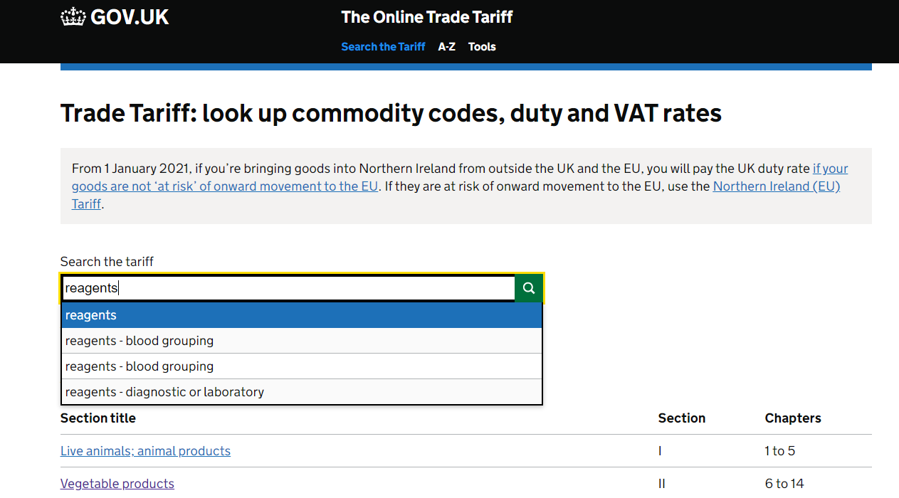 Image of Gov UK Tariff Lookup page